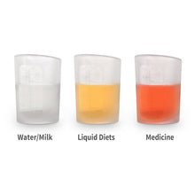 Load image into Gallery viewer, Three glasses with different colored liquids labeled 'Water/Milk', 'Liquid Diets', and 'Medicine' on a white background.